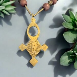 Bronze Tuareg African Cross Necklace Wood and Bronze Beads With Waxed Cord